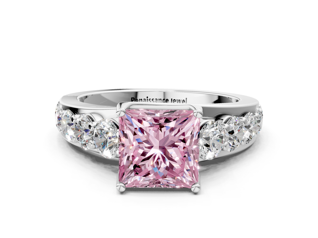 White gold Fancy Pink Princess  Cut Diamond Engagement Ring with Pavé Band and Four-Prong Setting_3