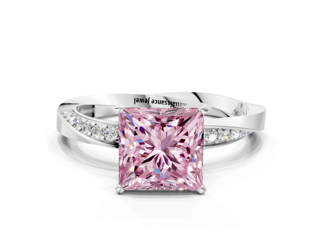 White gold Fancy Pink Princess Cut Diamond Engagement Ring with Side Stone Accents and Four-Prong Setting_108