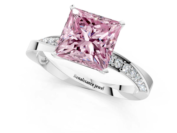 White gold Fancy Pink Princess Cut Diamond Engagement Ring with Side Stone Accents and Four-Prong Setting