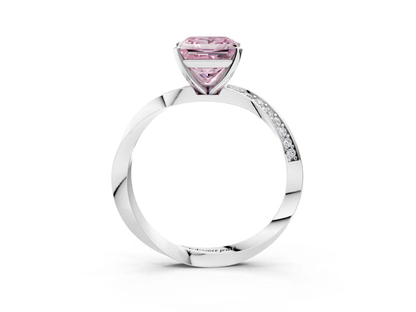 White gold Fancy Pink Princess Cut Diamond Engagement Ring with Side Stone Accents and Four-Prong Setting