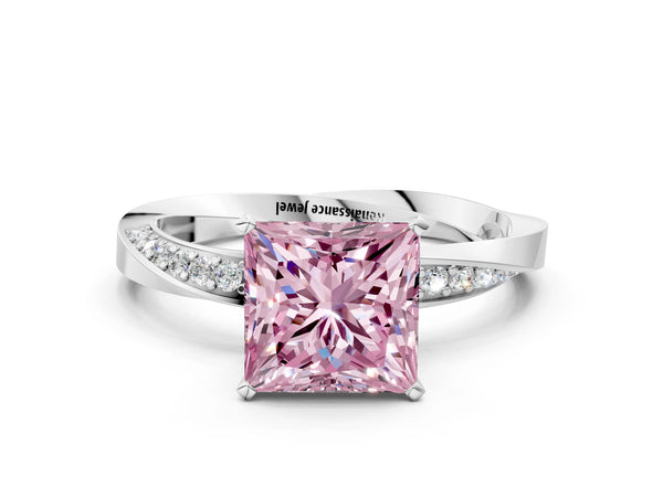 White gold Fancy Pink Princess Cut Diamond Engagement Ring with Side Stone Accents and Four-Prong Setting