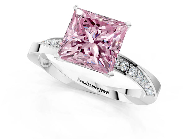 White gold Fancy Pink Princess Cut Diamond Engagement Ring with Side Stone Accents and Four-Prong Setting