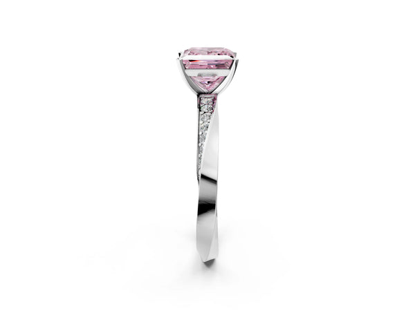 White gold Fancy Pink Princess Cut Diamond Engagement Ring with Side Stone Accents and Four-Prong Setting