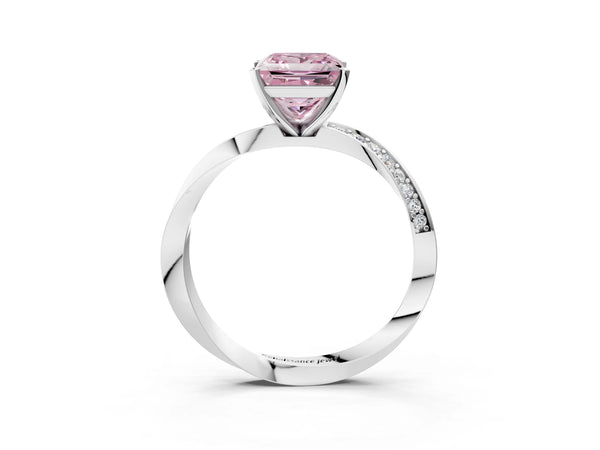 White gold Fancy Pink Princess Cut Diamond Engagement Ring with Side Stone Accents and Four-Prong Setting