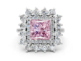 White gold Fancy Pink Princess Cut Diamond Floral Double Halo Engagement Ring with Prong Setting_86