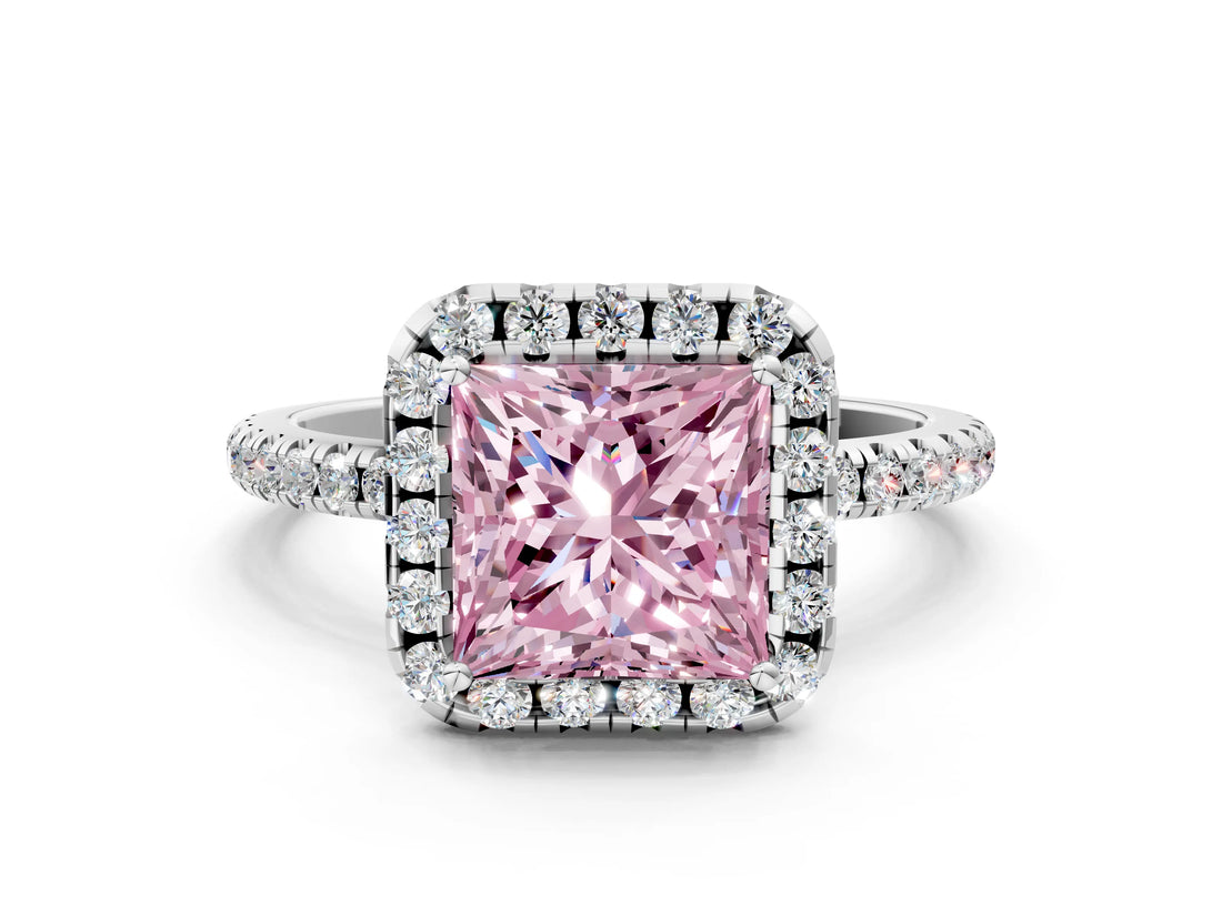 White gold Fancy Pink Princess  Cut Diamond Floral Halo Engagement Ring with Pavé Band and Prong Setting_29