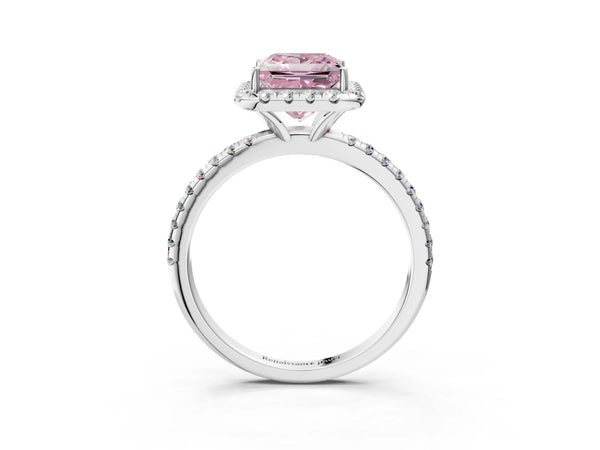 Platinum Fancy Pink Princess  Cut Diamond Floral Halo Engagement Ring with Pavé Band and Prong Setting