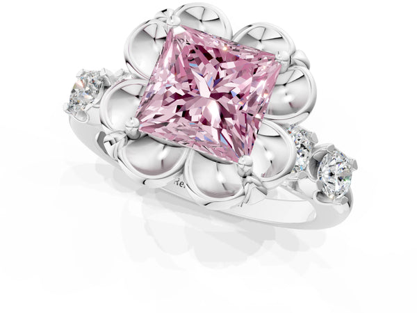 White gold Fancy Pink Princess  Cut Diamond Floral Halo Engagement Ring with Shared Prong Setting