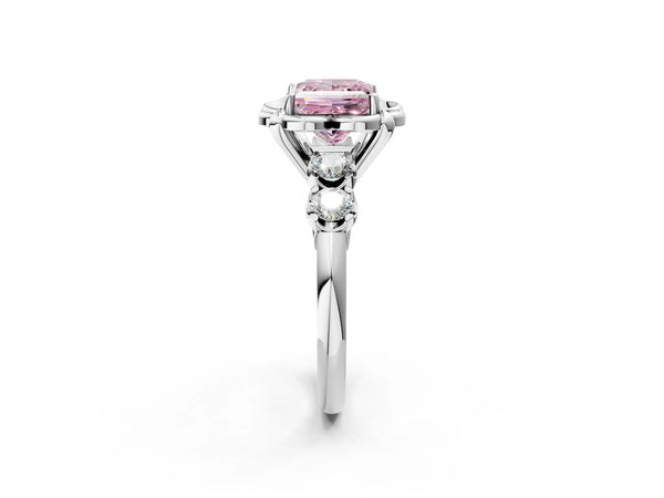 White gold Fancy Pink Princess  Cut Diamond Floral Halo Engagement Ring with Shared Prong Setting
