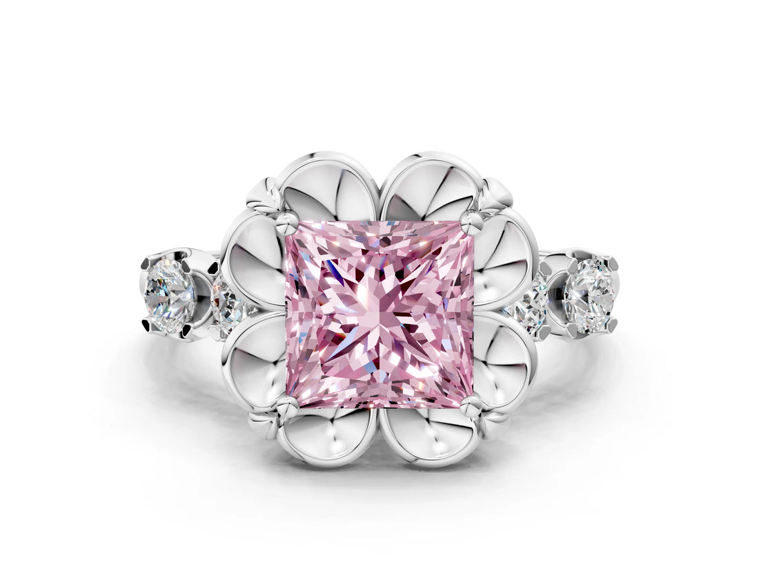 White gold Fancy Pink Princess  Cut Diamond Floral Halo Engagement Ring with Shared Prong Setting