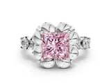 White gold Fancy Pink Princess  Cut Diamond Floral Halo Engagement Ring with Shared Prong Setting