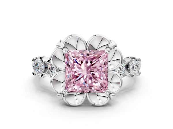 White gold Fancy Pink Princess  Cut Diamond Floral Halo Engagement Ring with Shared Prong Setting