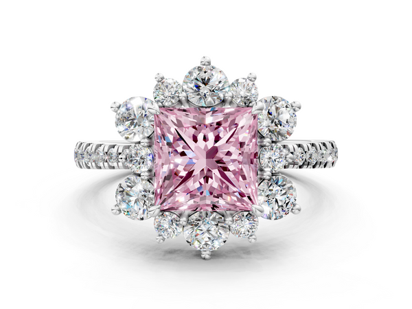 Platinum Fancy Pink Princess  Cut Diamond Floral Halo Pave Band with Prong Setting