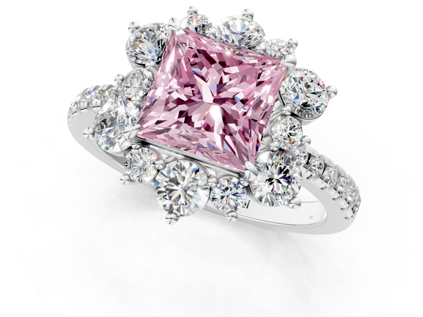 Platinum Fancy Pink Princess  Cut Diamond Floral Halo Pave Band with Prong Setting