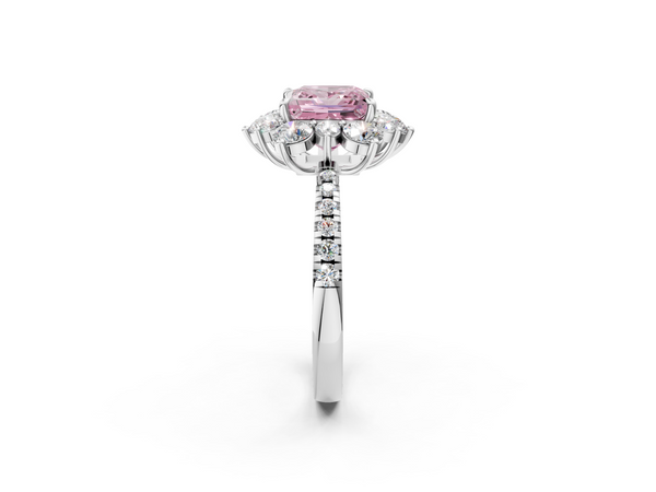 Platinum Fancy Pink Princess  Cut Diamond Floral Halo Pave Band with Prong Setting
