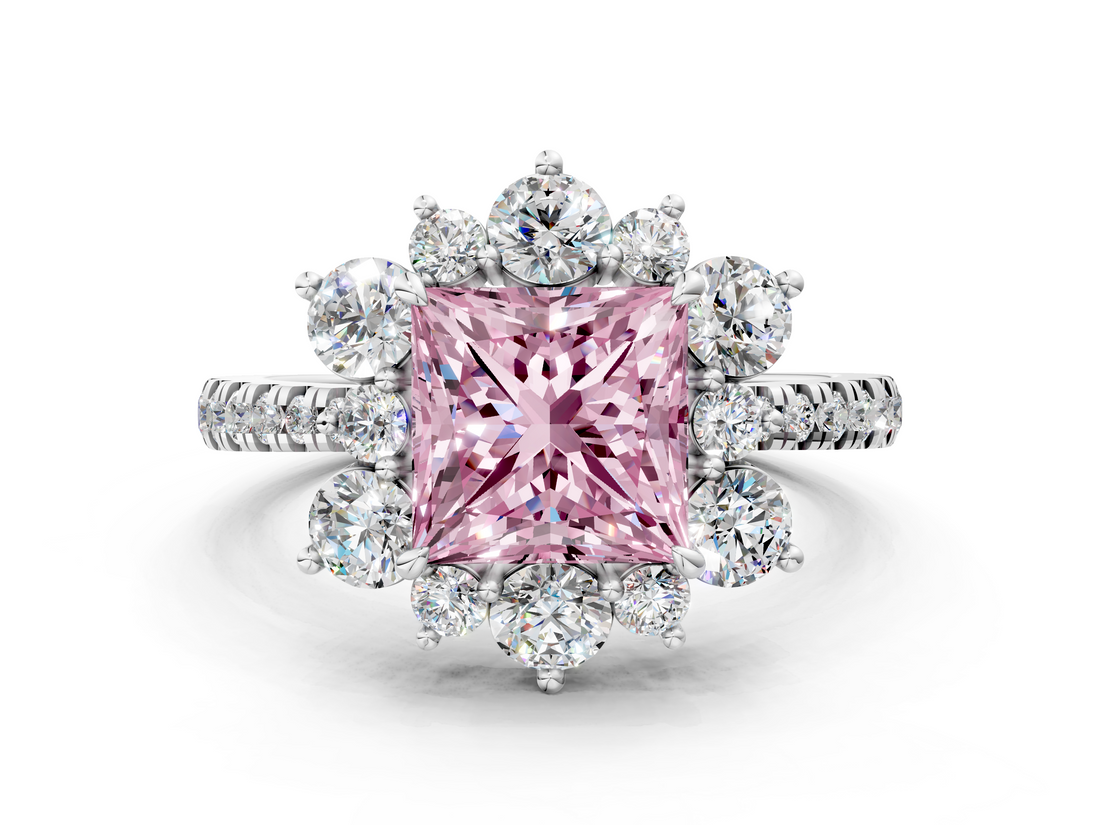 White gold Fancy Pink Princess  Cut Diamond Floral Halo Pave Band with Prong Setting