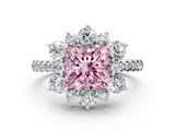 White gold Fancy Pink Princess  Cut Diamond Floral Halo Pave Band with Prong Setting