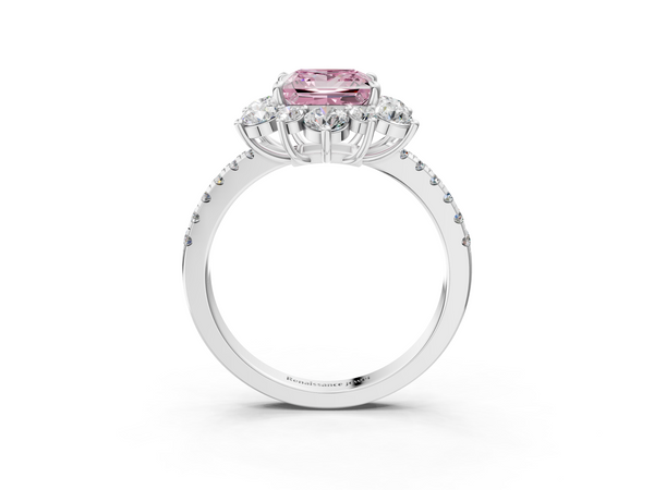 Platinum Fancy Pink Princess  Cut Diamond Floral Halo Pave Band with Prong Setting