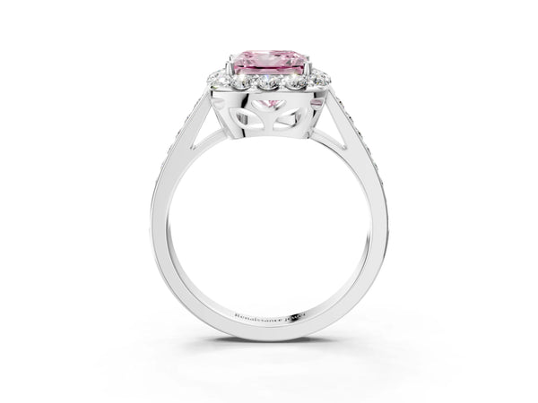 Platinum Fancy Pink Princess Cut Diamond Floral Halo Ring with Pavé Band and Prong Setting