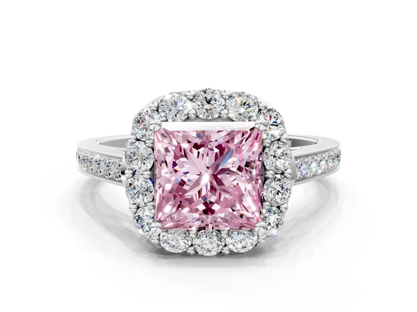Platinum Fancy Pink Princess Cut Diamond Floral Halo Ring with Pavé Band and Prong Setting
