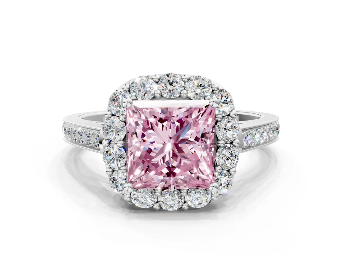 White gold Fancy Pink Princess Cut Diamond Floral Halo Ring with Pavé Band and Prong Setting_7