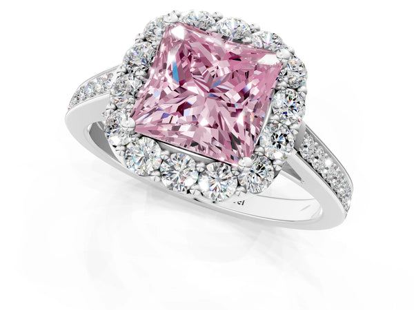 Platinum Fancy Pink Princess Cut Diamond Floral Halo Ring with Pavé Band and Prong Setting