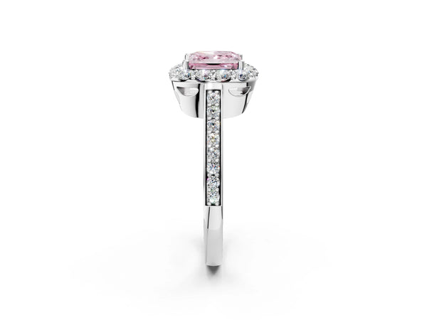 Platinum Fancy Pink Princess Cut Diamond Floral Halo Ring with Pavé Band and Prong Setting