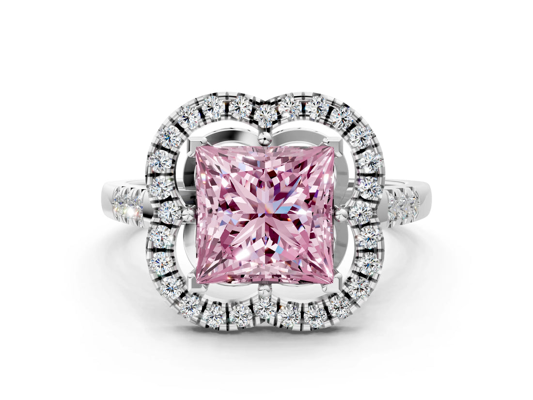 White gold Fancy Pink Princess Cut Diamond Floral Halo Split Shank Prong Setting Ring_6