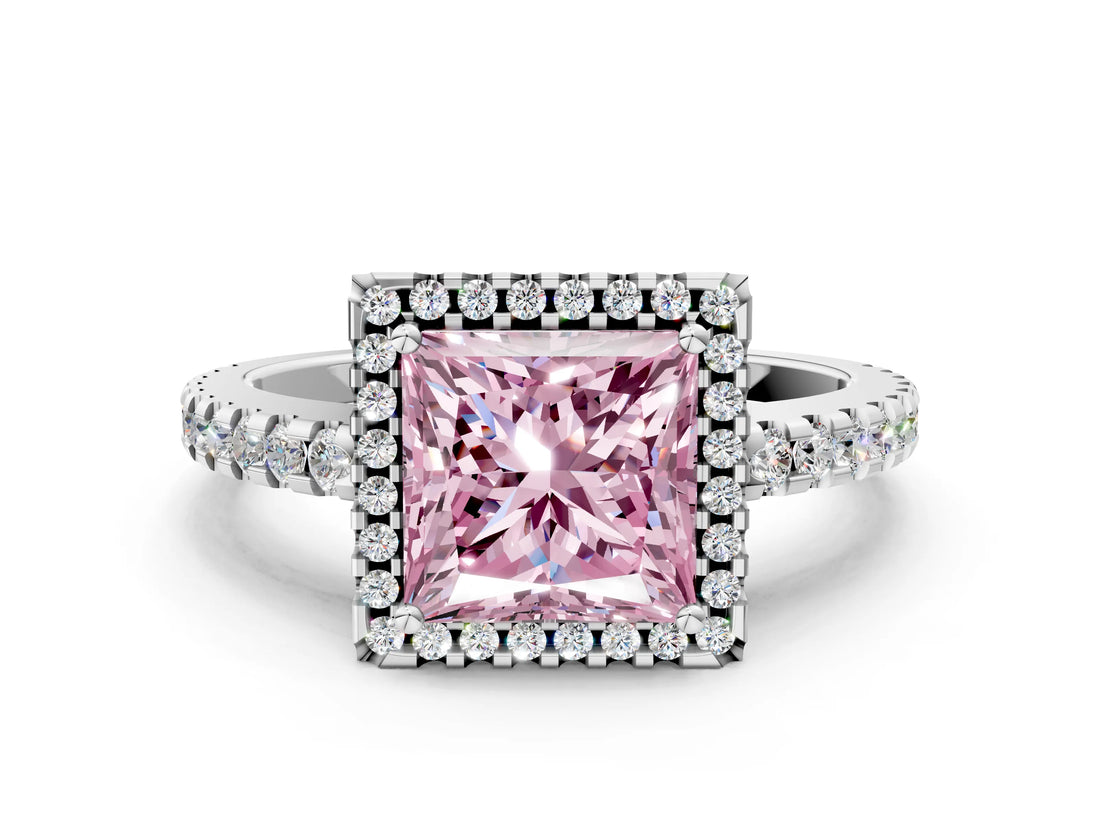 White gold Fancy Pink Princess Cut Diamond Halo Engagement Ring with Pavé Band and Prong Setting_51