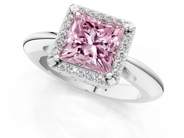 White gold Fancy Pink Princess  Cut Diamond Halo Engagement Ring with Split Shank and Four-Prong Setting