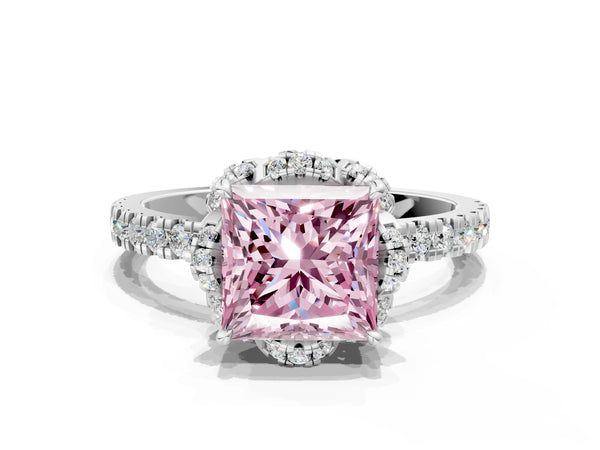 Platinum Fancy Pink Princess Cut Diamond Halo Pave Band with Four-Prong Setting