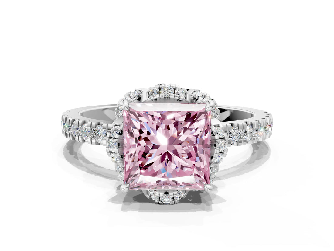 White gold Fancy Pink Princess Cut Diamond Halo Pave Band with Four-Prong Setting_3
