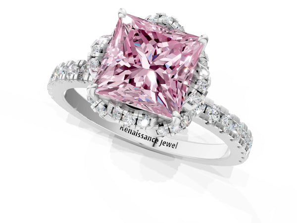 Platinum Fancy Pink Princess Cut Diamond Halo Pave Band with Four-Prong Setting