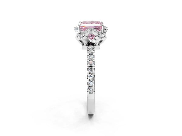 Platinum Fancy Pink Princess Cut Diamond Halo Pave Band with Four-Prong Setting