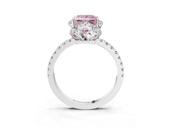 Platinum Fancy Pink Princess Cut Diamond Halo Pave Band with Four-Prong Setting