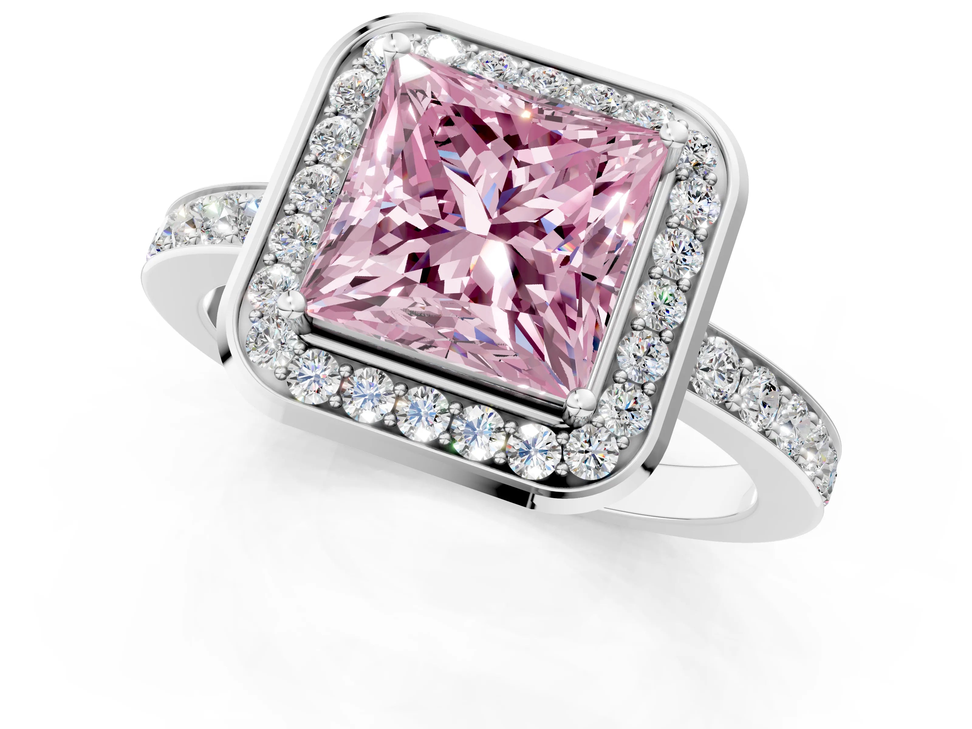 White gold Fancy Pink Princess Cut Diamond Halo Ring with Bezel Frame and Pavé Band_1