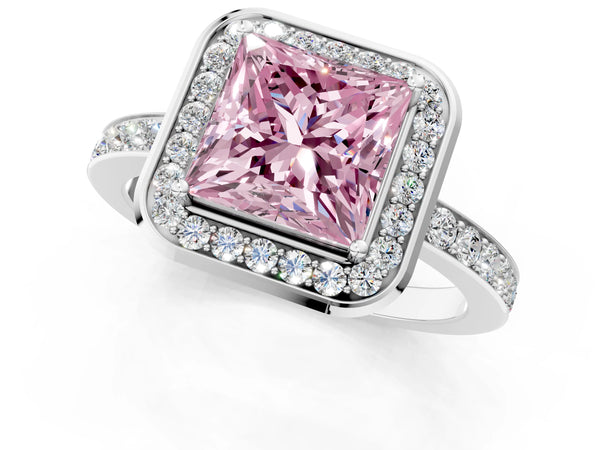 White gold Fancy Pink Princess Cut Diamond Halo Ring with Bezel Frame and Pavé Band