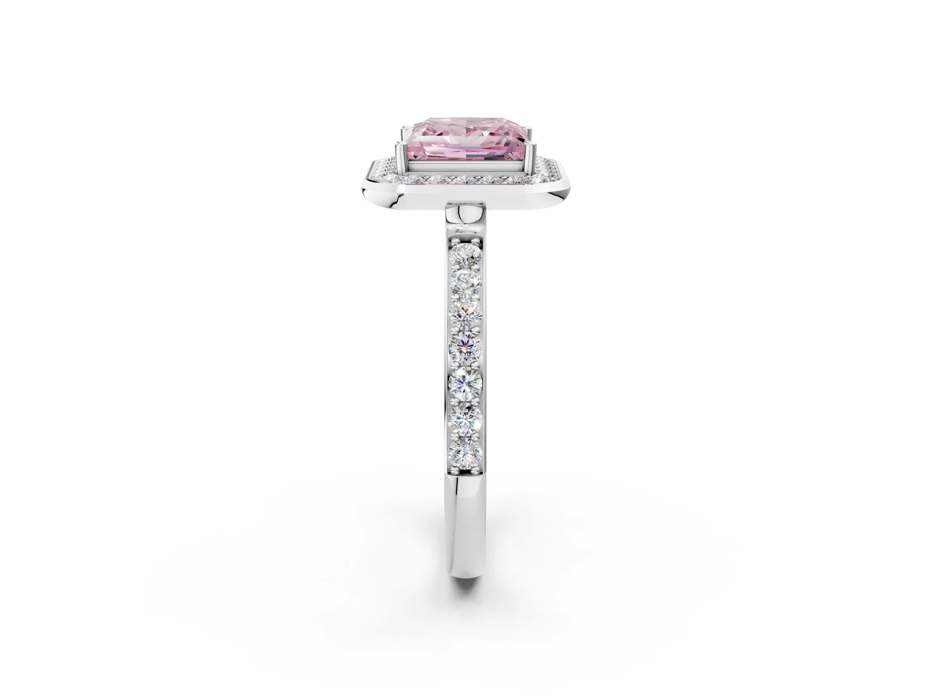 White gold Fancy Pink Princess Cut Diamond Halo Ring with Bezel Frame and Pavé Band_2
