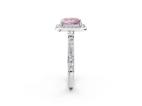 White gold Fancy Pink Princess Cut Diamond Halo Ring with Bezel Frame and Pavé Band