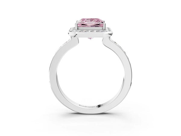 White gold Fancy Pink Princess Cut Diamond Halo Ring with Bezel Frame and Pavé Band