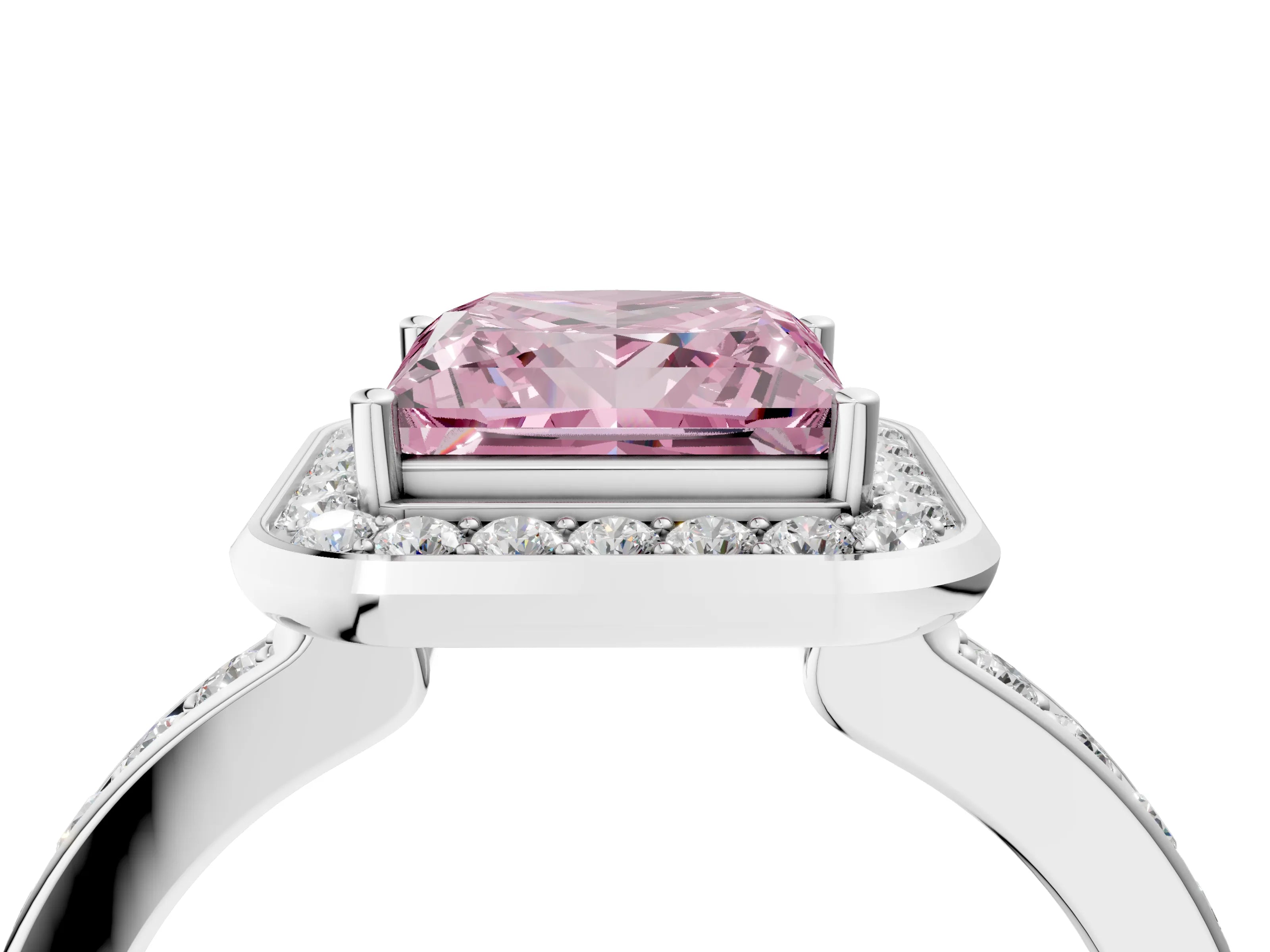 White gold Fancy Pink Princess Cut Diamond Halo Ring with Bezel Frame and Pavé Band_4