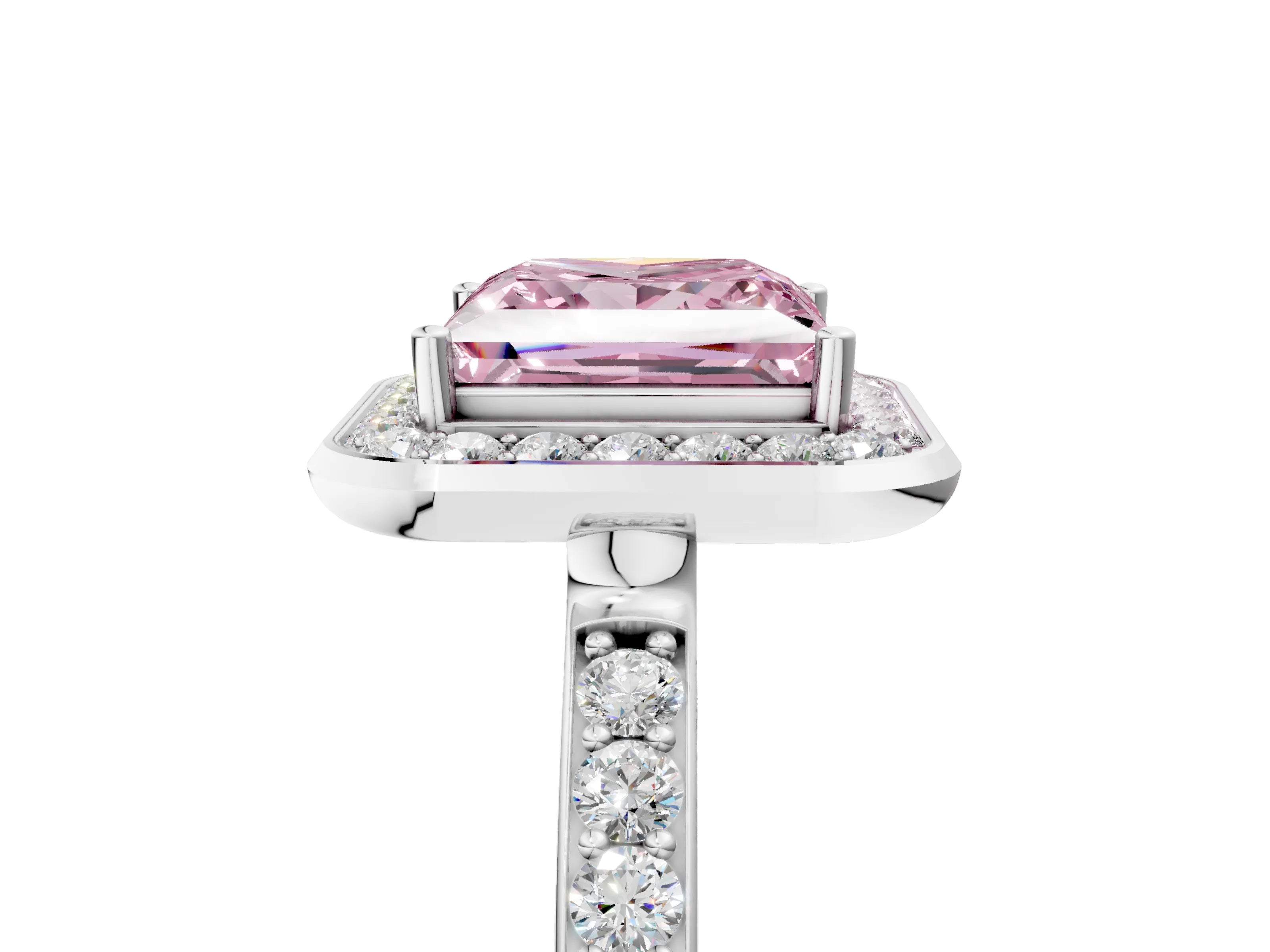 White gold Fancy Pink Princess Cut Diamond Halo Ring with Bezel Frame and Pavé Band_5