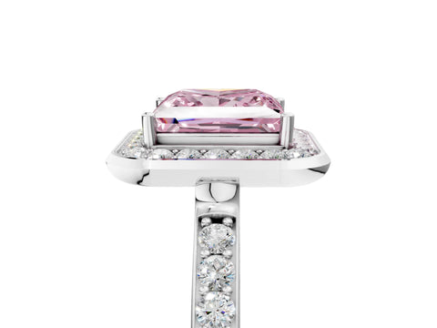 White gold Fancy Pink Princess Cut Diamond Halo Ring with Bezel Frame and Pavé Band_5