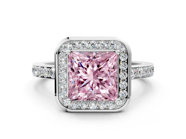 White gold Fancy Pink Princess Cut Diamond Halo Ring with Bezel Frame and Pavé Band