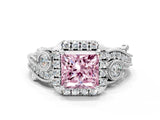 White gold Fancy Pink Princess Cut Diamond Halo Ring with Milgrain Pavé Band and Four-Prong Setting_29
