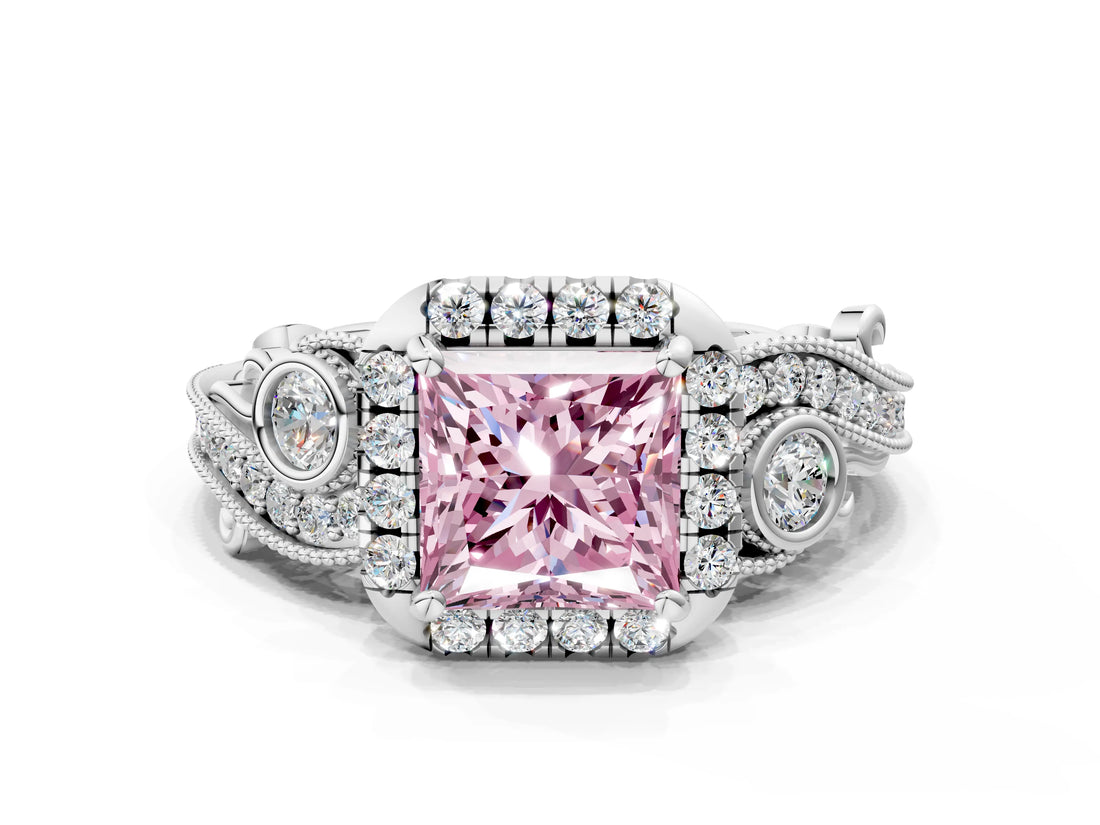 White gold Fancy Pink Princess Cut Diamond Halo Ring with Milgrain Pavé Band and Four-Prong Setting_29