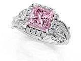 White gold Fancy Pink Princess Cut Diamond Halo Ring with Milgrain Pavé Band and Four-Prong Setting_30