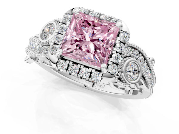 White gold Fancy Pink Princess Cut Diamond Halo Ring with Milgrain Pavé Band and Four-Prong Setting