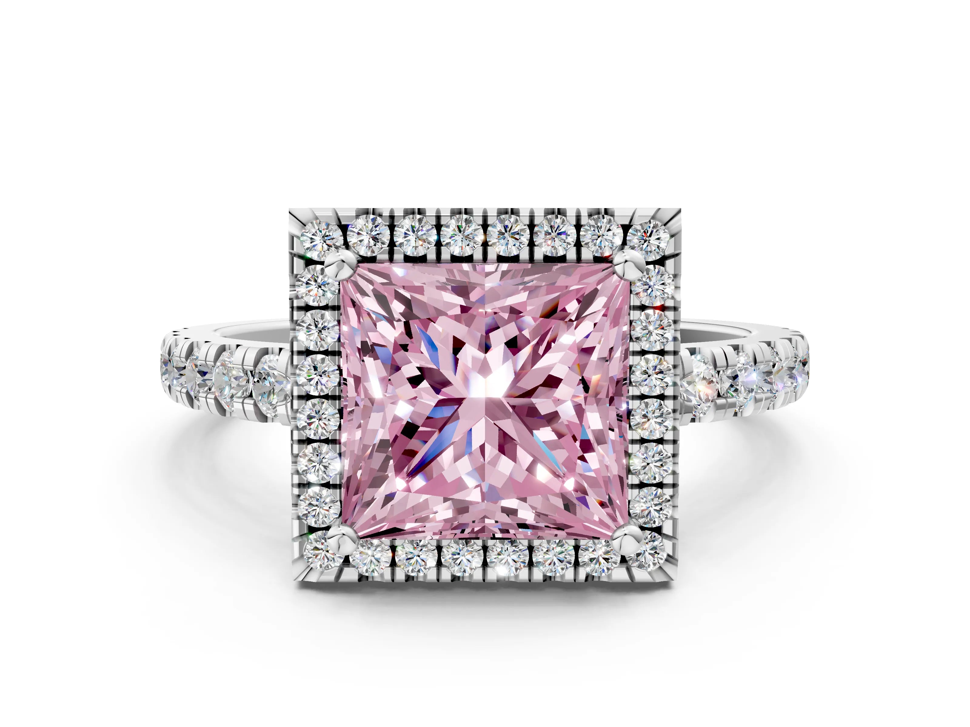 White gold Fancy Pink Princess Cut Diamond Halo Ring with Pavé Band and Four-Prong Setting_12