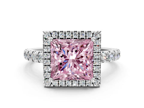 White gold Fancy Pink Princess Cut Diamond Halo Ring with Pavé Band and Four-Prong Setting_12